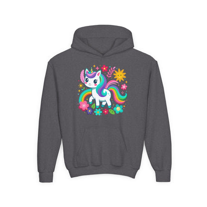 Youth Heavy Blend Hooded Sweatshirt - Unicorn with flowers Printify