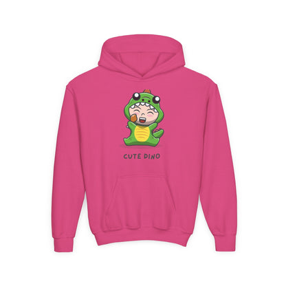 Youth Heavy Blend Hooded Sweatshirt - Green Cute Dino Printify