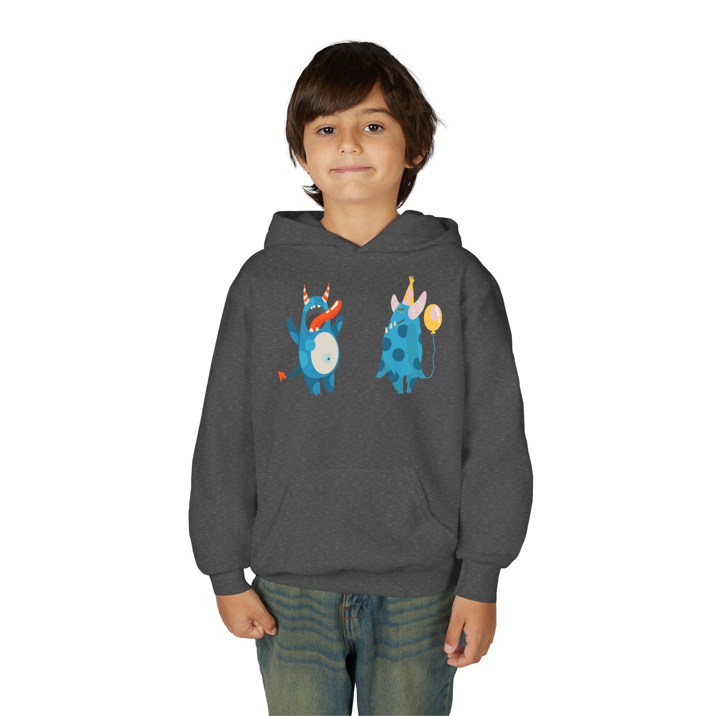 Youth Heavy Blend Hooded Sweatshirt - Blue monsters in action