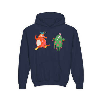 Youth Heavy Blend Hooded Sweatshirt - Monsters in action Printify