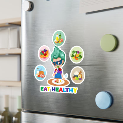 Halloween Kiss-Cut Vinyl Decals – Supper kiddo showing healthy food to eat - [[{"value":"Wonderwear Kid"}]]
