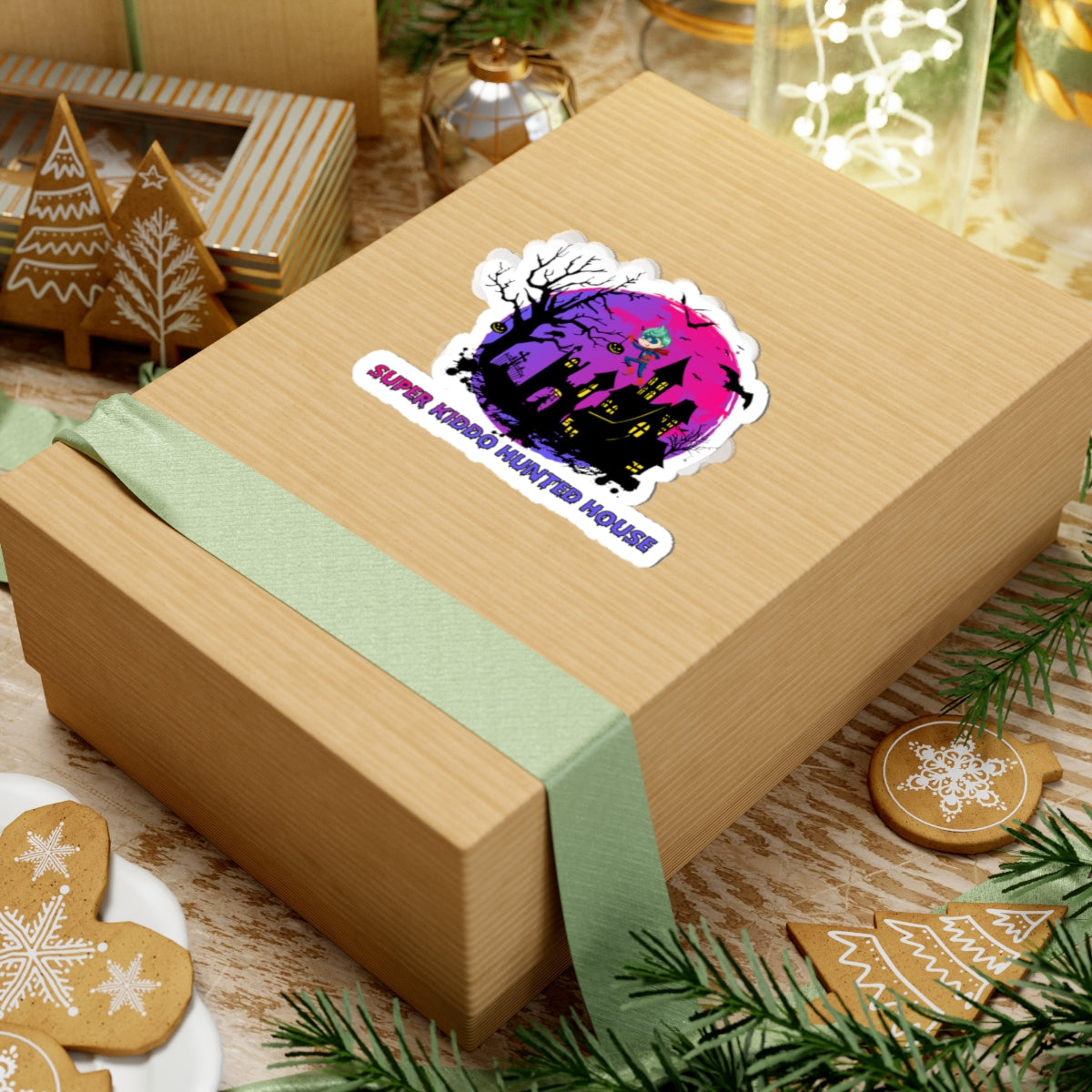 Kiss-Cut Stickers - Super kiddo flying on hunted house - [[{"value":"Wonderwear Kid"}]]
