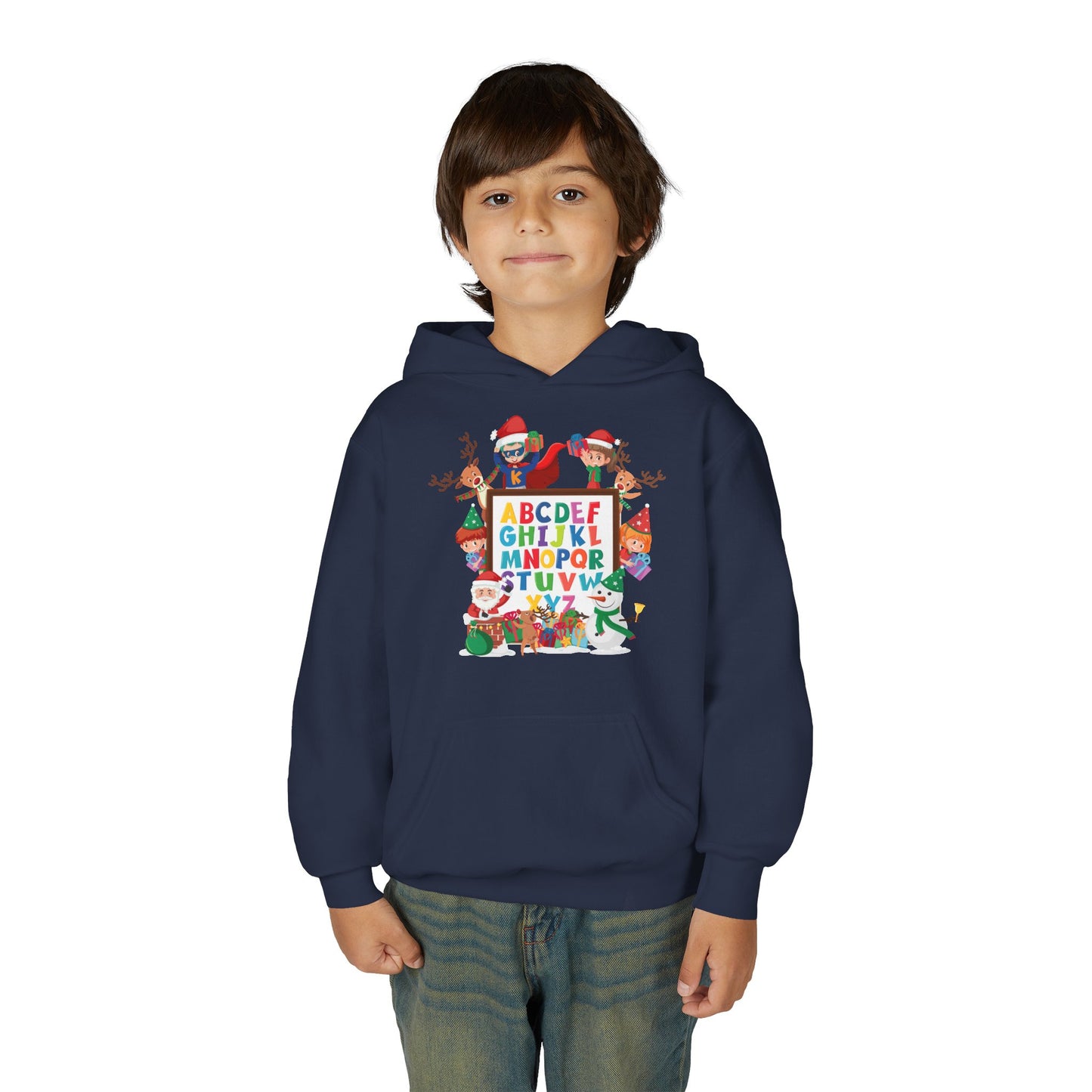 Youth Heavy Blend Hooded Sweatshirt - Christmas alphabet with super kiddo
