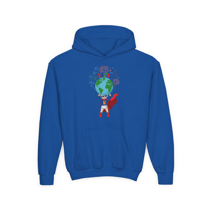 Youth Heavy Blend Hooded Sweatshirt - Super kiddo holding globe - [[{"value":"Wonderwear Kid"}]]