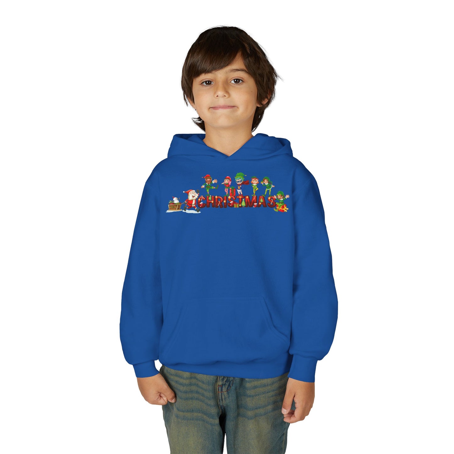 Youth Heavy Blend Hooded Sweatshirt - Christmas with santa claus and friends
