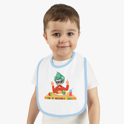 Baby Bib - Super kiddo eating healthy breafast - [[{"value":"Wonderwear Kid"}]]