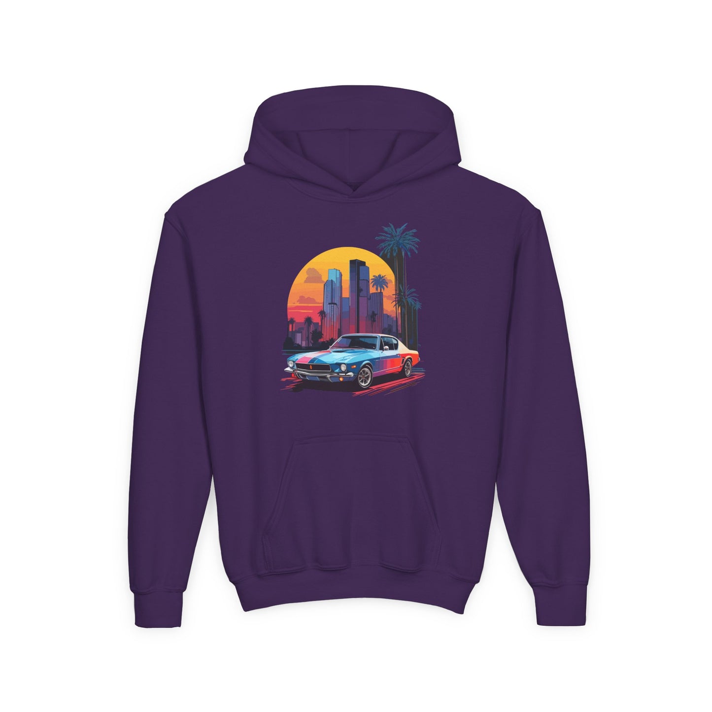 Youth Heavy Blend Hooded Sweatshirt - Vintage Car Sunset