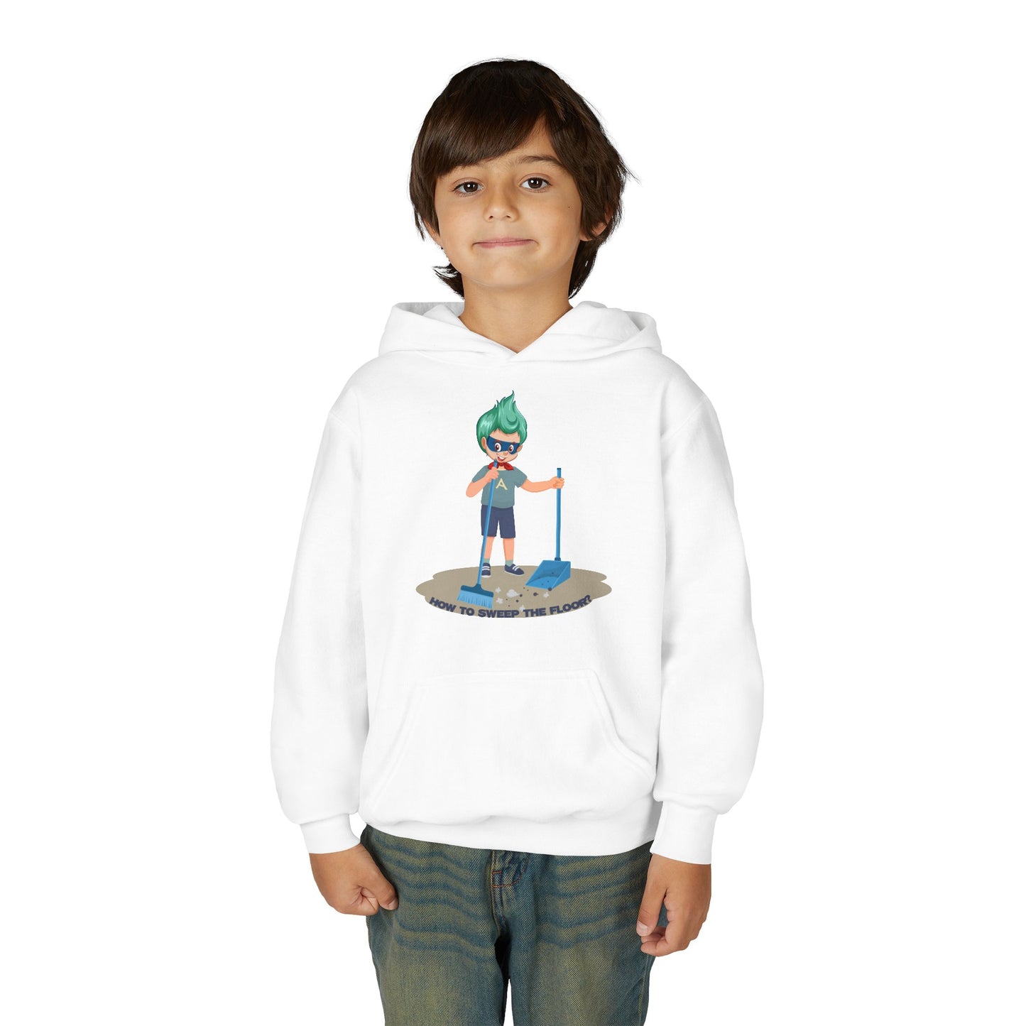 Youth Heavy Blend Hooded Sweatshirt - Super kiddo sweeping floor