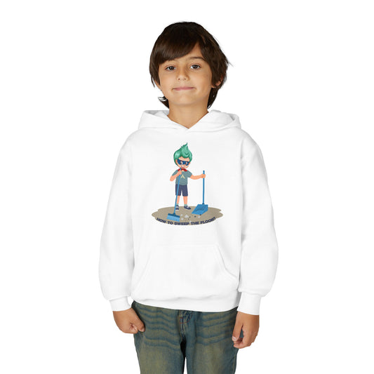 Youth Heavy Blend Hooded Sweatshirt - Super kiddo sweeping floor