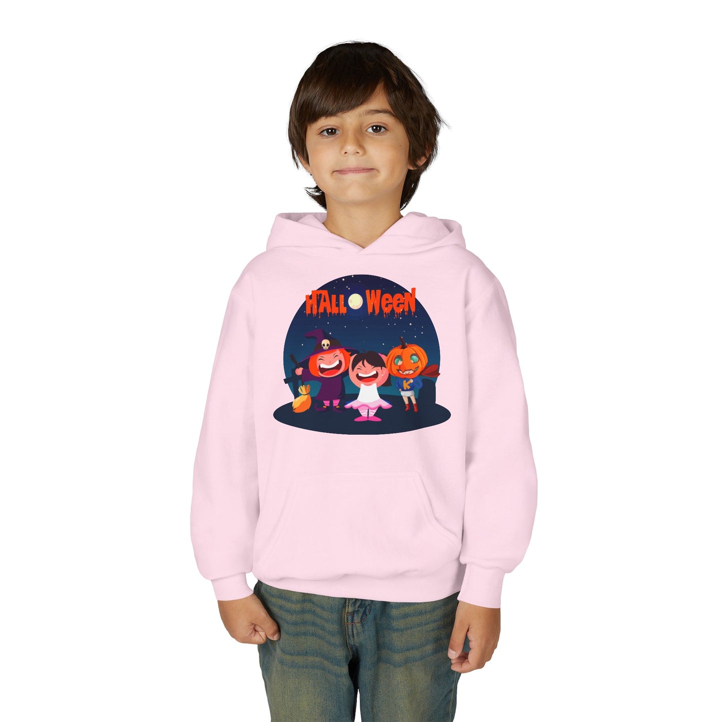 Youth Heavy Blend Hooded Sweatshirt - Super kiddo wearing pumpkin