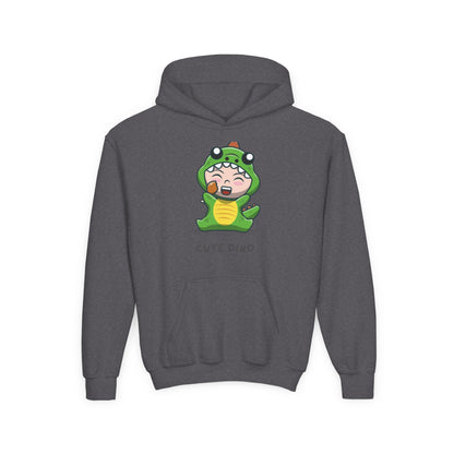 Youth Heavy Blend Hooded Sweatshirt - Green Cute Dino Printify