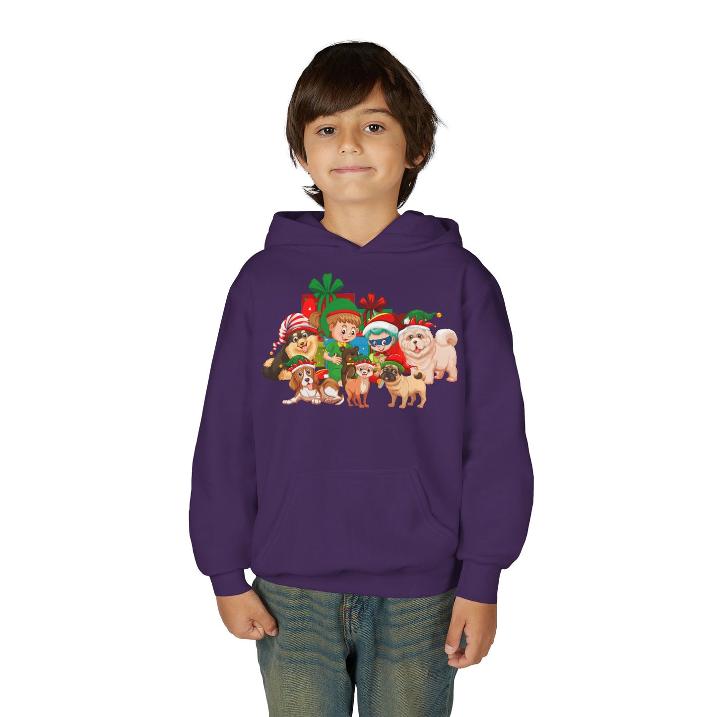 Youth Heavy Blend Hooded Sweatshirt - Christmas with super kiddo pet friends without text