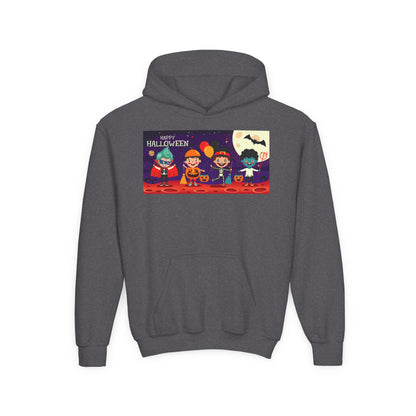 Youth Heavy Blend Hooded Sweatshirt - Super kiddo with friends on holloween - [[{"value":"Wonderwear Kid"}]]