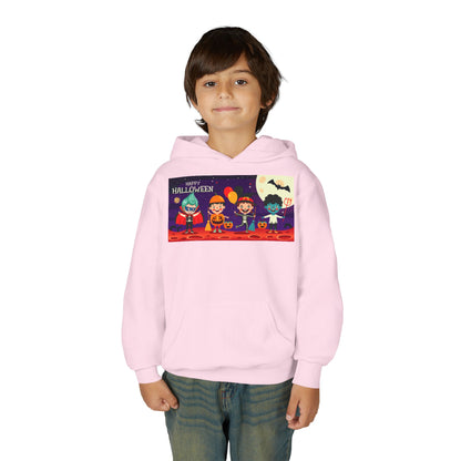 Youth Heavy Blend Hooded Sweatshirt - Super kiddo with friends on holloween - [[{"value":"Wonderwear Kid"}]]