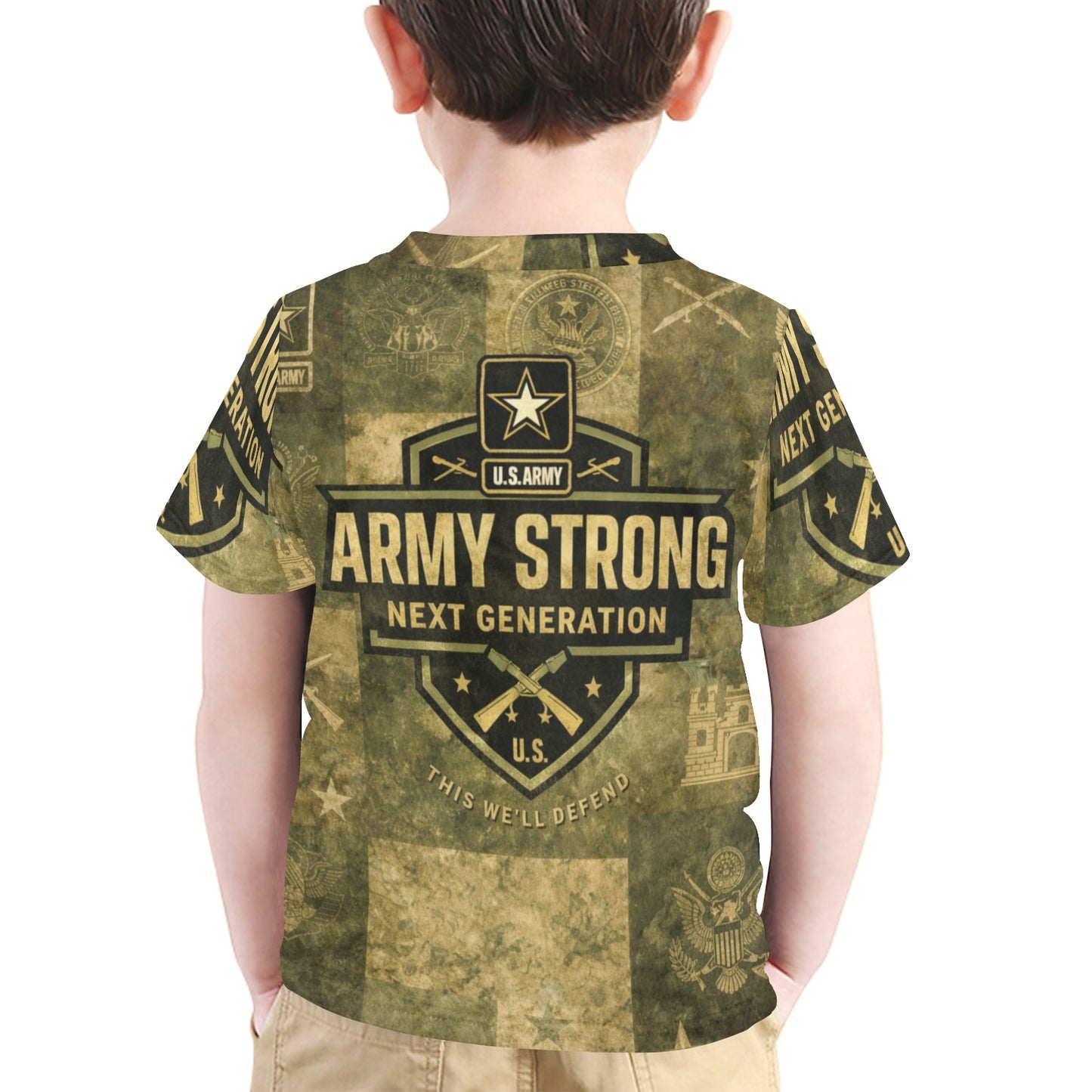 Little Kids' All Over Print Crew Neck T-Shirt - Proud to Serve - Young Patriot - Army Strong - Next Generation