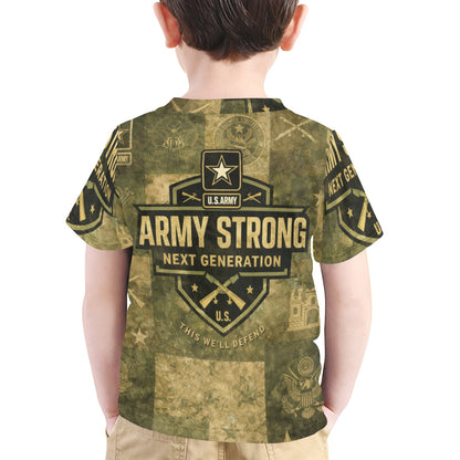 Little Kids' All Over Print Crew Neck T-Shirt - Proud to Serve - Young Patriot - Army Strong - Next Generation