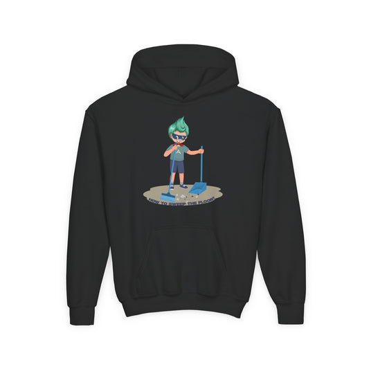 Youth Heavy Blend Hooded Sweatshirt - Super kiddo sweeping floor - [[{"value":"Wonderwear Kid"}]]