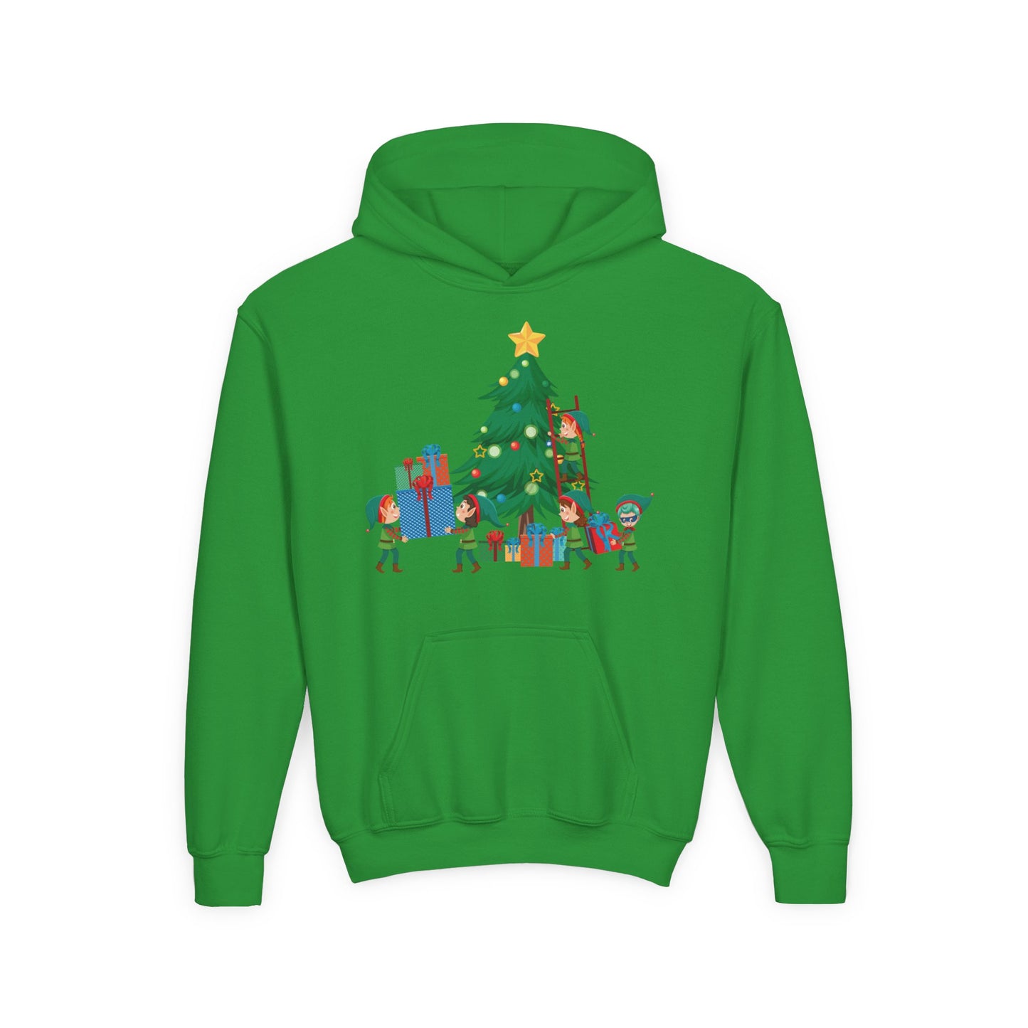 Youth Heavy Blend Hooded Sweatshirt - Super kiddo putting gifts on christmas tree