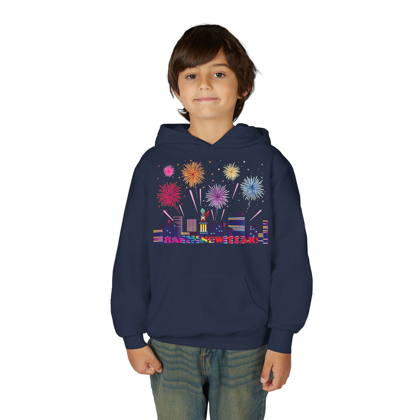 Youth Heavy Blend Hooded Sweatshirt - Super kiddo with fireworks with text