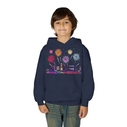 Youth Heavy Blend Hooded Sweatshirt - Super kiddo with fireworks with text - [[{"value":"Wonderwear Kid"}]]
