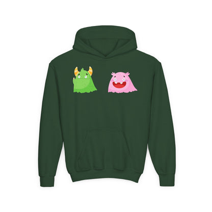 Youth Heavy Blend Hooded Sweatshirt - Green and pink monsters Printify