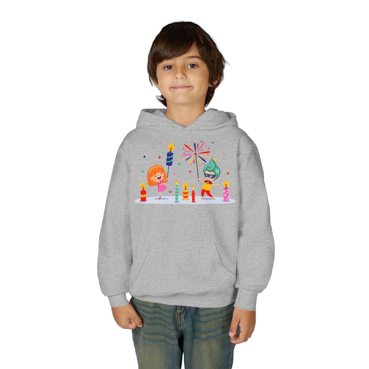 Youth Heavy Blend Hooded Sweatshirt - Super kiddo lighting fireworks