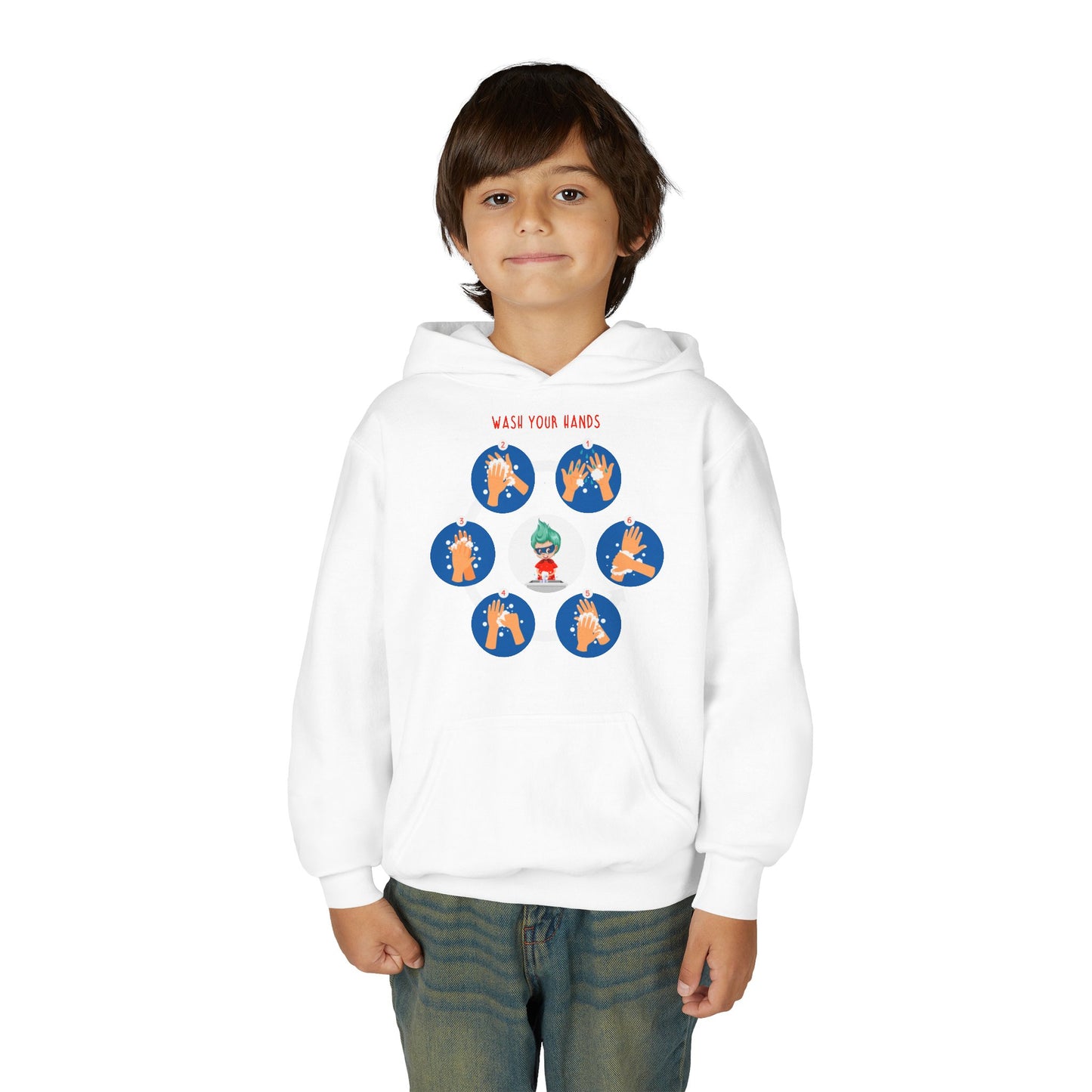 Youth Heavy Blend Hooded Sweatshirt - Super kiddo teaching how to wash hands