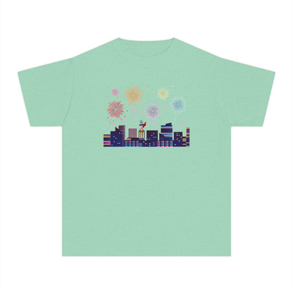 Youth Midweight Tee -  Super kiddo with fireworks - [[{"value":"Wonderwear Kid"}]]