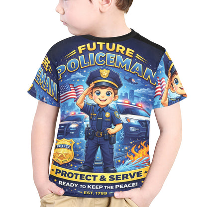 Little Kids' All Over Print Crew Neck T-Shirt - Proud to Serve - Young Patriot - Future Policeman