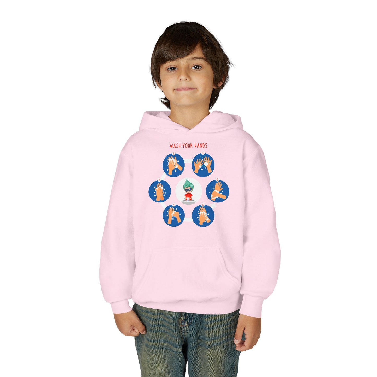 Youth Heavy Blend Hooded Sweatshirt - Super kiddo teaching how to wash hands