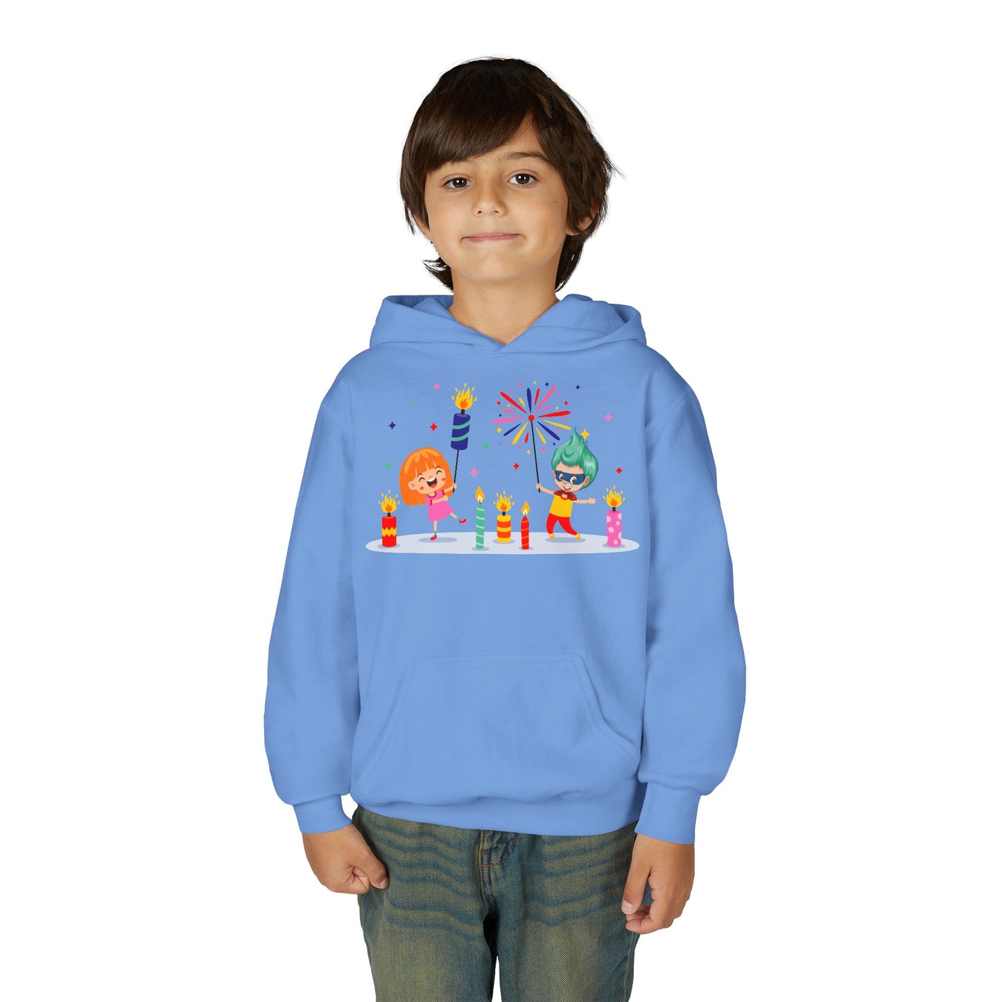 Youth Heavy Blend Hooded Sweatshirt - Super kiddo lighting fireworks