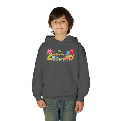 Youth Heavy Blend Hooded Sweatshirt - Colorful Monster Friends Printify