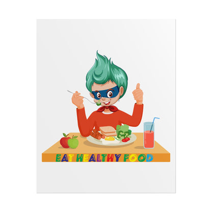 Rolled Posters - Super kiddo eating healthy breafast - [[{"value":"Wonderwear Kid"}]]