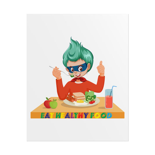 Rolled Posters - Super kiddo eating healthy breafast - [[{"value":"Wonderwear Kid"}]]