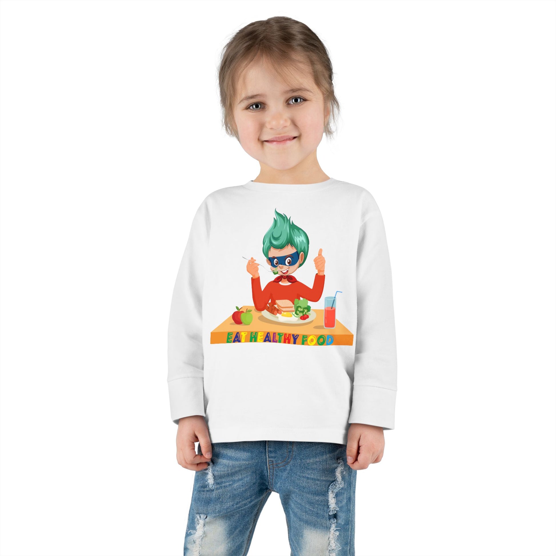 Toddler Long Sleeve Tee - Super kiddo eating healthy breafast - [[{"value":"Wonderwear Kid"}]]