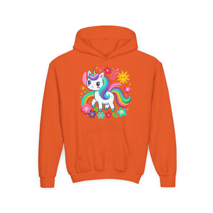 Youth Heavy Blend Hooded Sweatshirt - Unicorn with flowers Printify