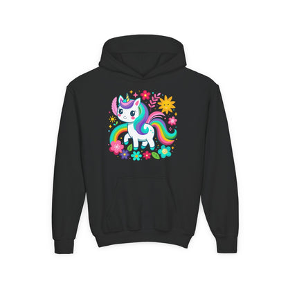 Youth Heavy Blend Hooded Sweatshirt - Unicorn with flowers Printify