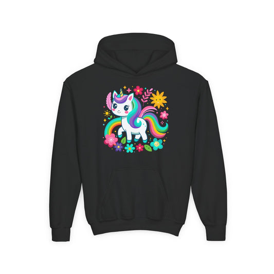 Youth Heavy Blend Hooded Sweatshirt - Unicorn with flowers Printify