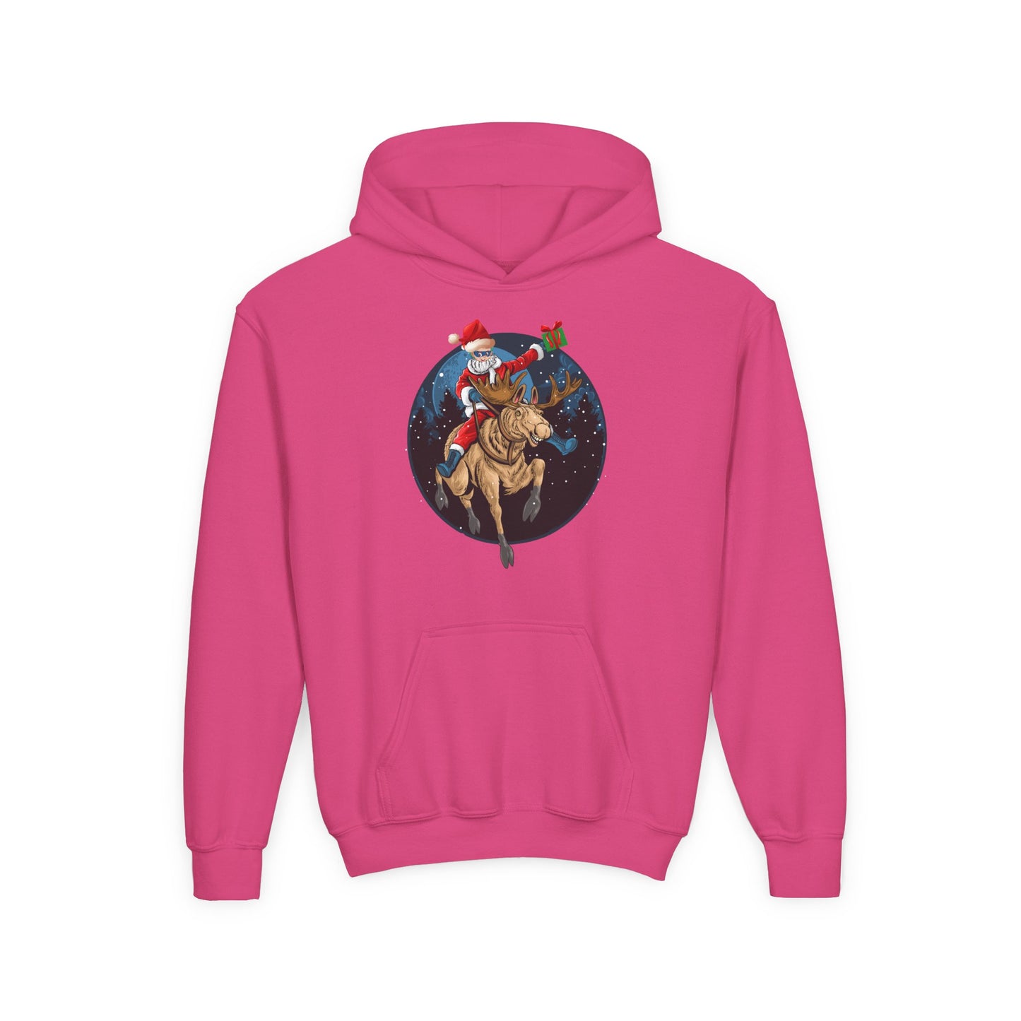 Youth Heavy Blend Hooded Sweatshirt - Super kiddo riding a reindeer