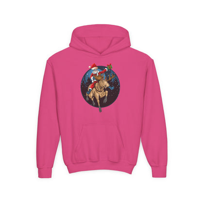 Youth Heavy Blend Hooded Sweatshirt - Super kiddo riding a reindeer - [[{"value":"Wonderwear Kid"}]]