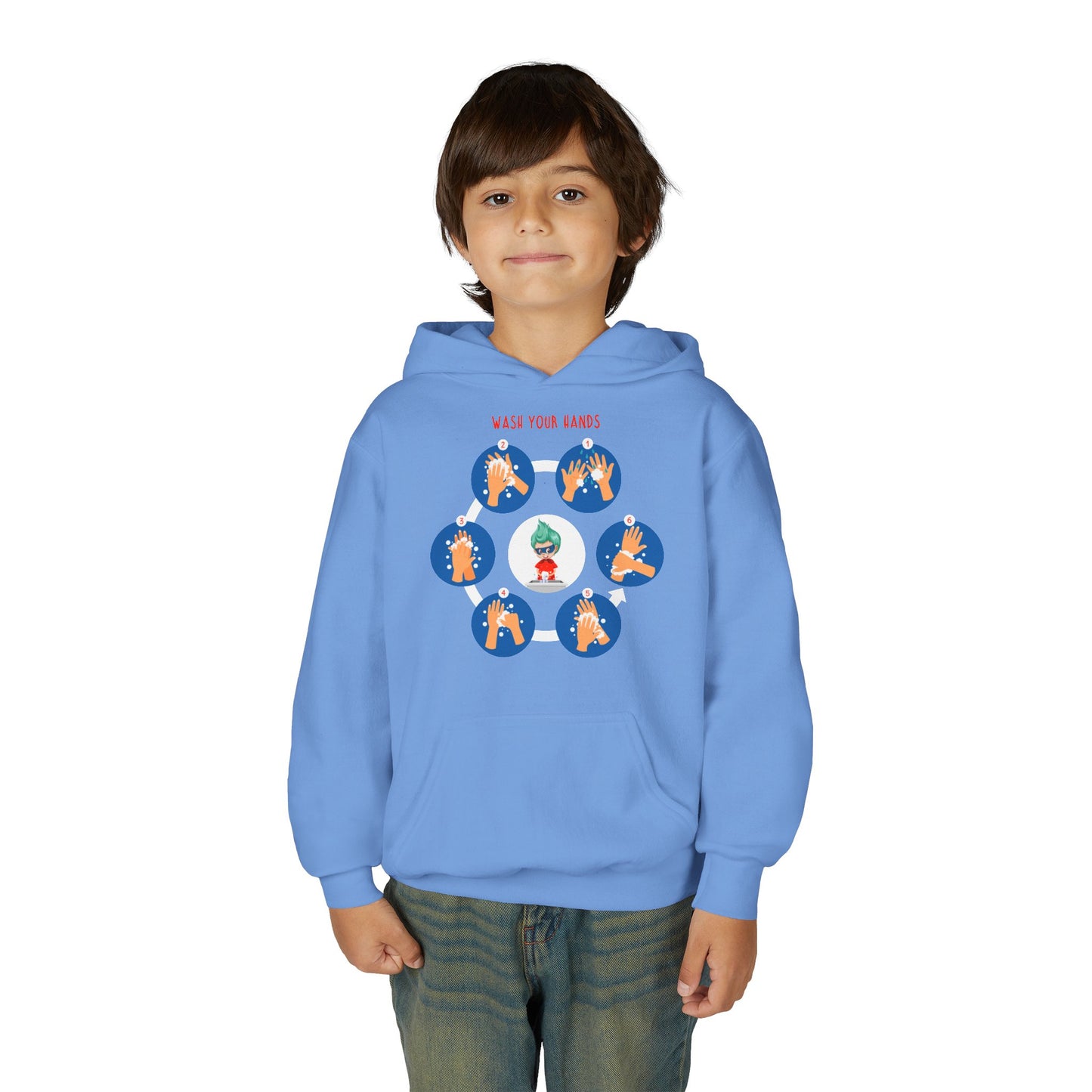 Youth Heavy Blend Hooded Sweatshirt - Super kiddo teaching how to wash hands
