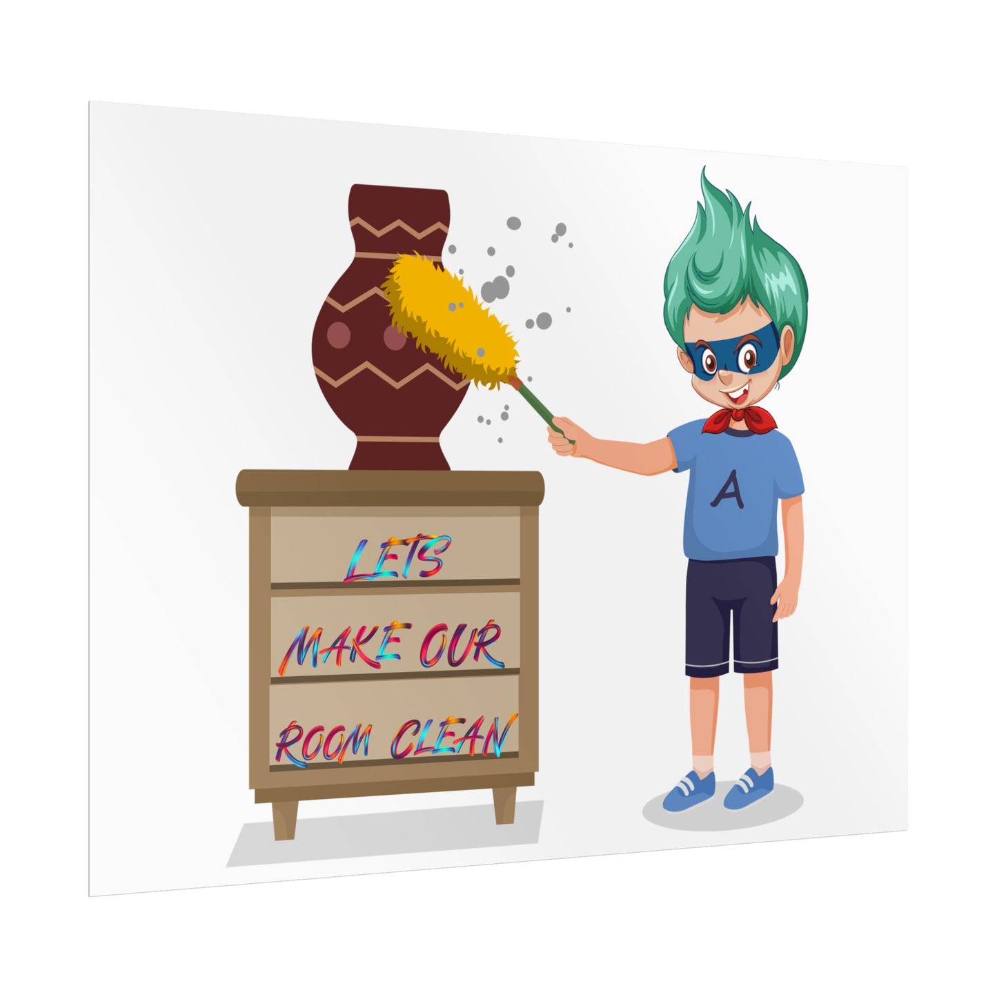Rolled Posters - Super kiddo cleaning a vase - [[{"value":"Wonderwear Kid"}]]