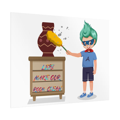 Rolled Posters - Super kiddo cleaning a vase - [[{"value":"Wonderwear Kid"}]]