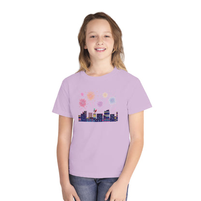 Youth Midweight Tee -  Super kiddo with fireworks - [[{"value":"Wonderwear Kid"}]]