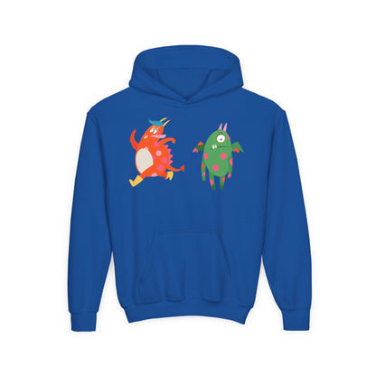 Youth Heavy Blend Hooded Sweatshirt - Monsters in action Printify