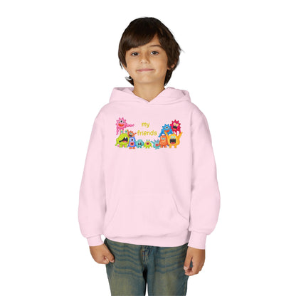 Youth Heavy Blend Hooded Sweatshirt - Colorful Monster Friends Printify