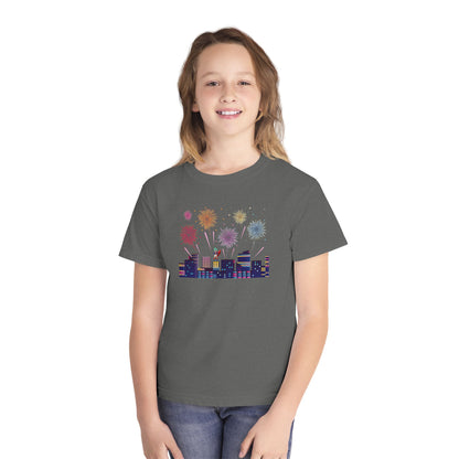 Youth Midweight Tee -  Super kiddo with fireworks - [[{"value":"Wonderwear Kid"}]]