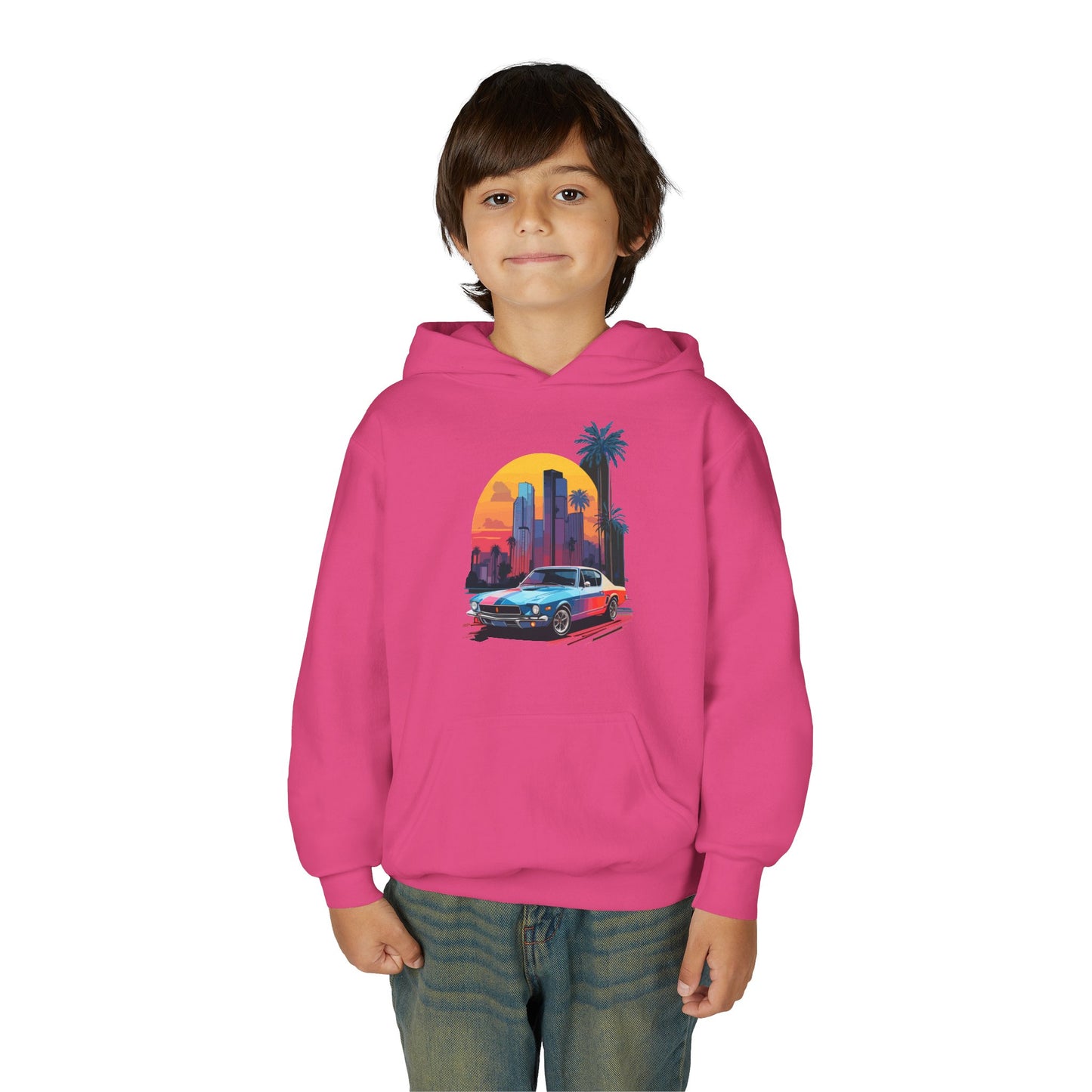 Youth Heavy Blend Hooded Sweatshirt - Vintage Car Sunset