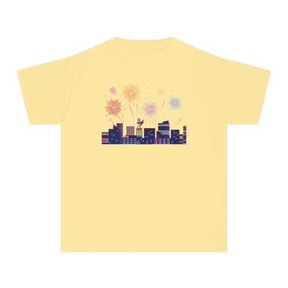 Youth Midweight Tee -  Super kiddo with fireworks - [[{"value":"Wonderwear Kid"}]]