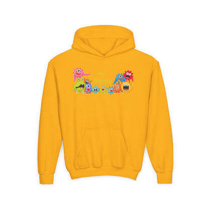 Youth Heavy Blend Hooded Sweatshirt - Colorful Monster Friends Printify